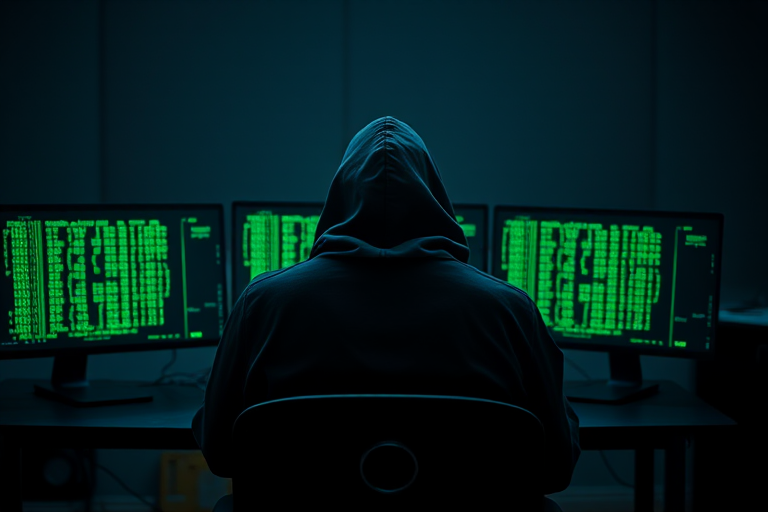 Generate an image of a hooded figure sitting at a desk with two monitors showing green binary code, in a dimly lit room, using a Canon EOS R5, 50mm f/1.2 lens, aperture f/1.8, ISO 800, with a soft focus and high dynamic range for enhanced quality.