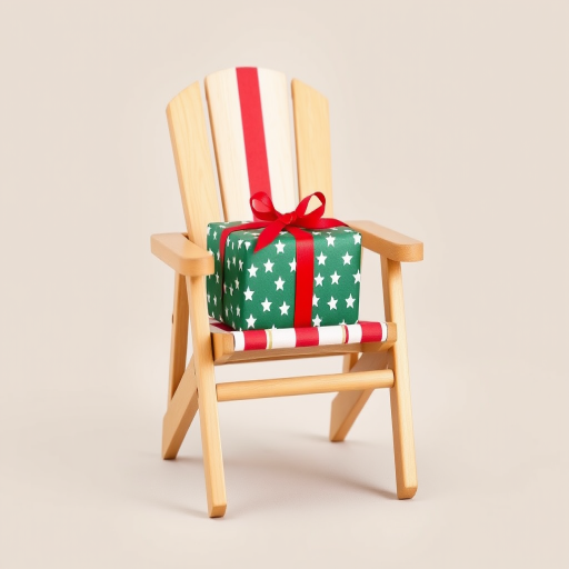 Generate an image of a small wooden deck chair with a red and white striped fabric seat, featuring a wrapped gift box in green paper with white stars and a red ribbon placed on the chair. The background should be neutral and soft to enhance the focus on the chair and the gift.
