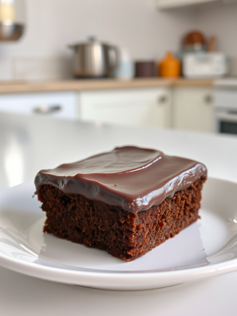 A richly frosted chocolate cake slice on a white plate with a glossy chocolate icing on top, surrounded by a light kitchen setting.
