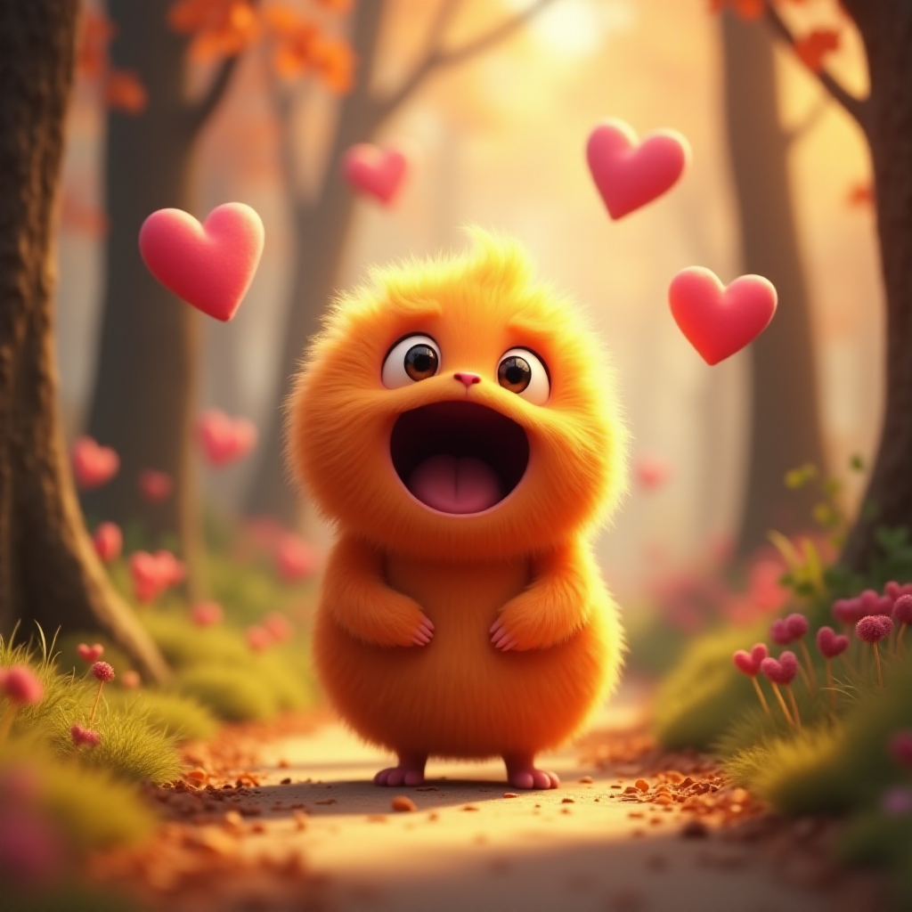A fluffy orange creature with large eyes and a wide open mouth stands on a path in a whimsical forest, bright pink and red hearts float through the air, the creature has a surprised expression, the light is warm and soft, photorealistic, digital art, 3D style