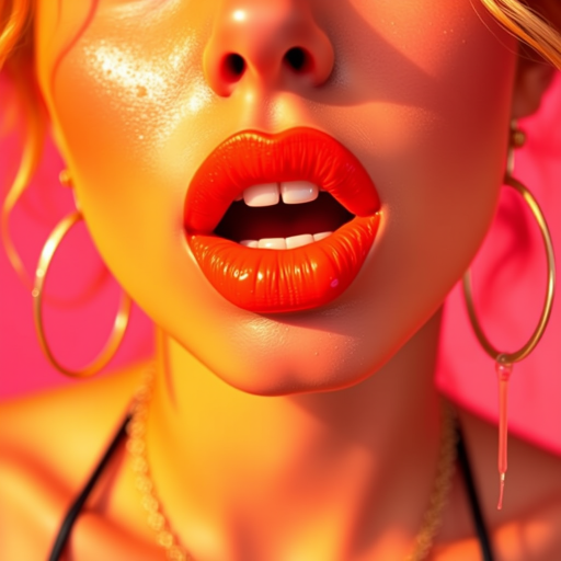 Bright neon orange lips with a semi-matte finish, exuding energy and vibrancy, perfect for a retro-inspired summer festival look