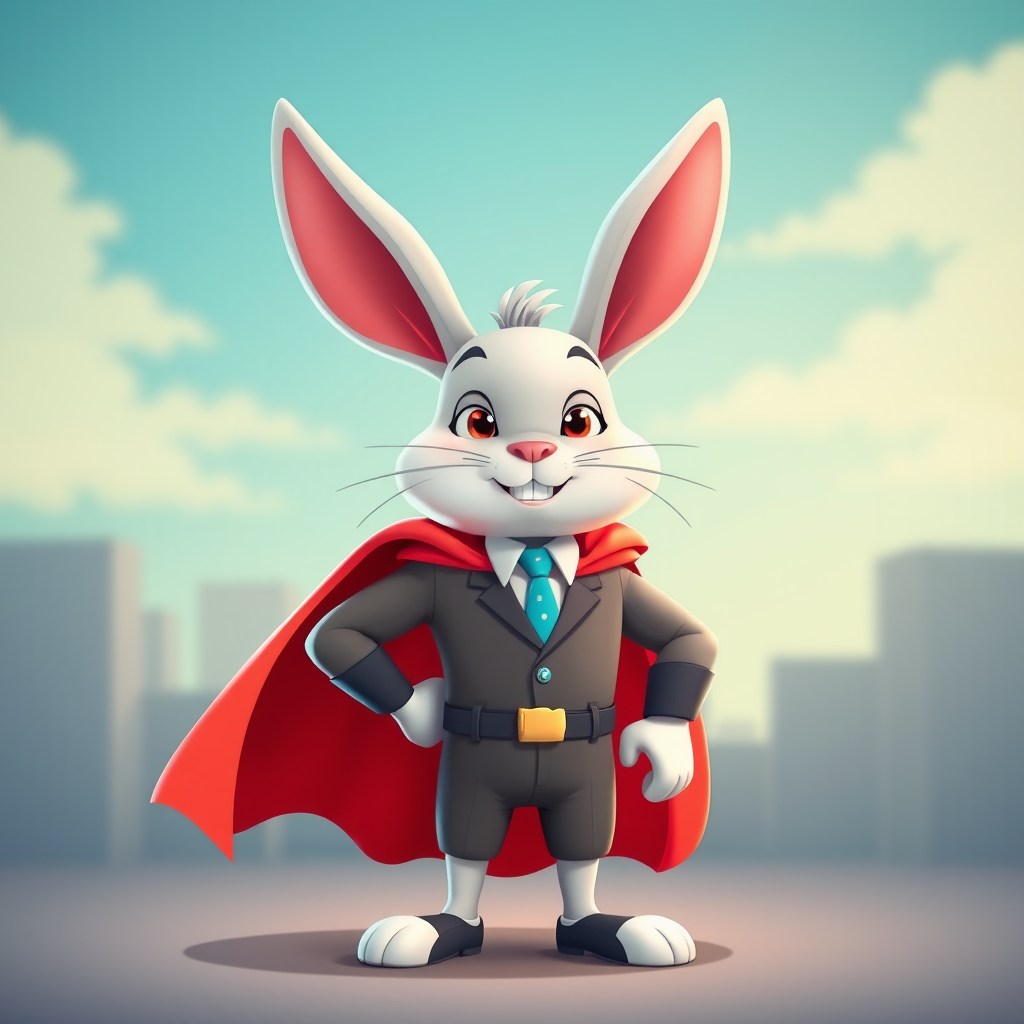 Create an image of a superhero rabbit character standing confidently with a cape and a suit, vibrant colors, cartoon style, front view, ISO 100, f/8, 1/125 sec, using a DSLR camera with a 50mm lens.