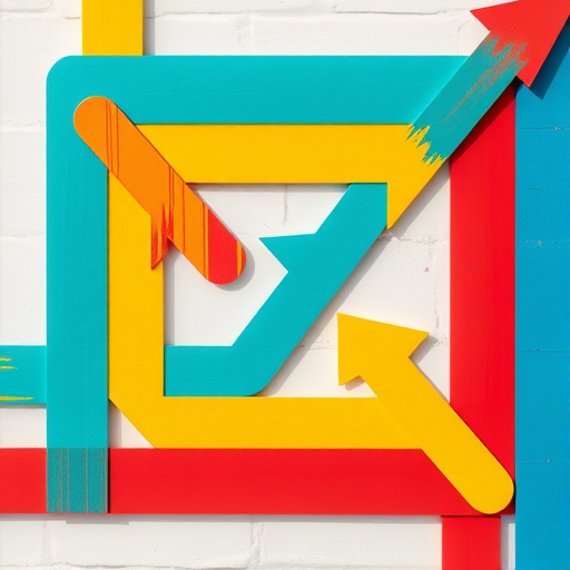 Create an abstract design featuring interconnected arrows in red, yellow, teal, and blue, with a vibrant, modern style, captured with a Nikon D850 at f/8, ISO 100, 50mm lens, top-down view, using natural lighting for enhanced clarity and detail.
