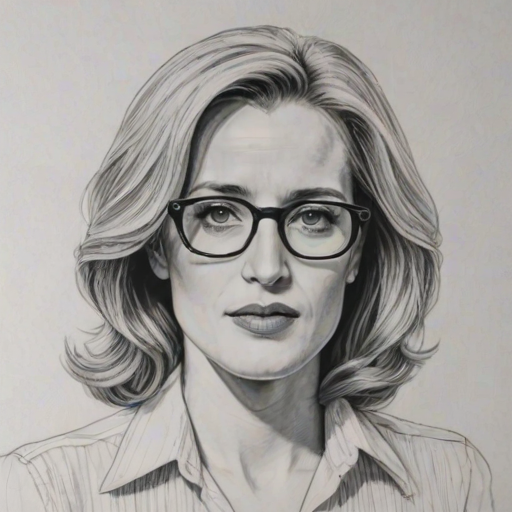 Charming Gillian Anderson, pencil sketch, portrait of Delightful woman 1973s in glasses, hair style beatnik, outline, clear lines, fine lines, 8k