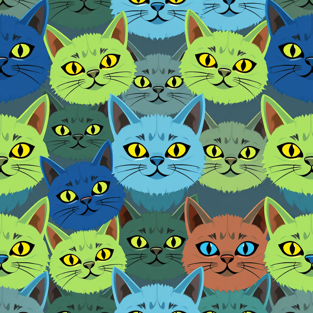 Create a seamless pattern of stylized cat faces in vibrant blue, green, and grey colors with exaggerated features, soft lighting, using a digital camera with a 50mm lens, f/1.8 aperture, ISO 200, and a top-down view for clarity and detail.