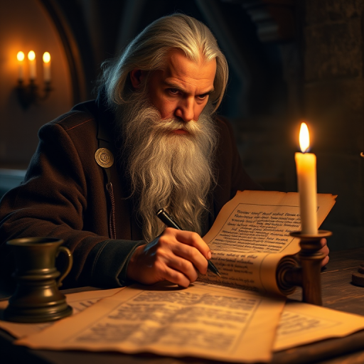 A mysterious figure with a long white beard writes on an ancient scroll by candlelight in a dimly lit room, soft focus, aperture f/1.8, shutter speed 1/50, ISO 400, standard lens, DSLR camera, warm color palette.