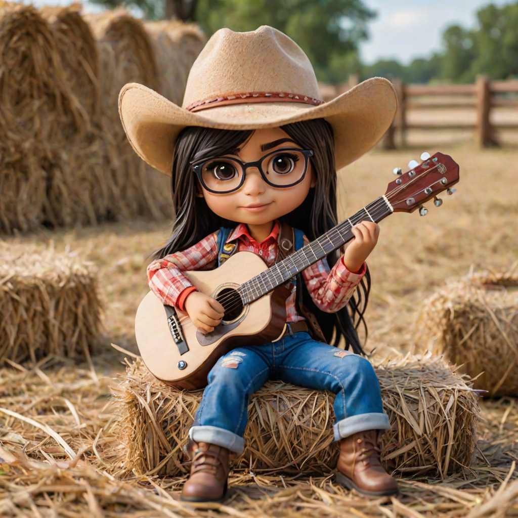 A chibi mia khalifa, dressed as a cowboy, playing guitar, sitting on a hay bale