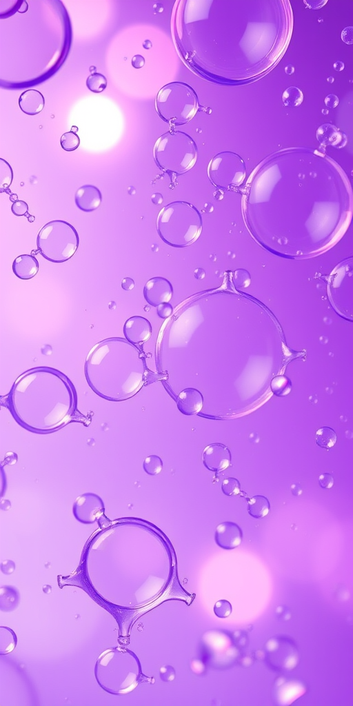 generate a high-resolution image of abstract purple bubbles and geometric shapes with soft glows using a DSLR camera at f/2.8 aperture, ISO 100, 50mm lens, top-down view, and in natural light to enhance vibrancy and depth.