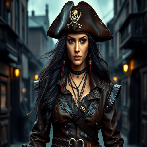 Create a portrait of a fierce female pirate. She wears a leather tricorn hat adorned with a skull and crossbones emblem, and her long, dark hair flows around her face. Her outfit consists of a richly detailed leather jacket, a corset, and multiple layers of belts and accessories, giving her a formidable and stylish appearance. She stands confidently in a dimly lit, historic port town, with a backdrop of weathered buildings and cobblestone streets, capturing the adventurous spirit of a pirate.
