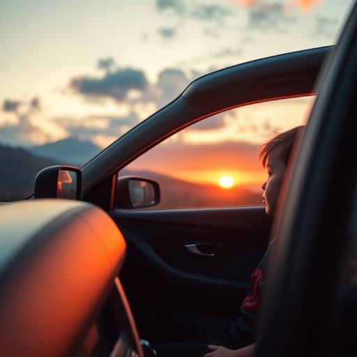 Create an image of a young boy sitting in a car, looking out at a sunset with mountains and clouds in the background, use a soft pastel color palette, capture it with a Canon EOS R5, 50mm lens, f/1.8 aperture, ISO 100, and a warm Cinematic style.