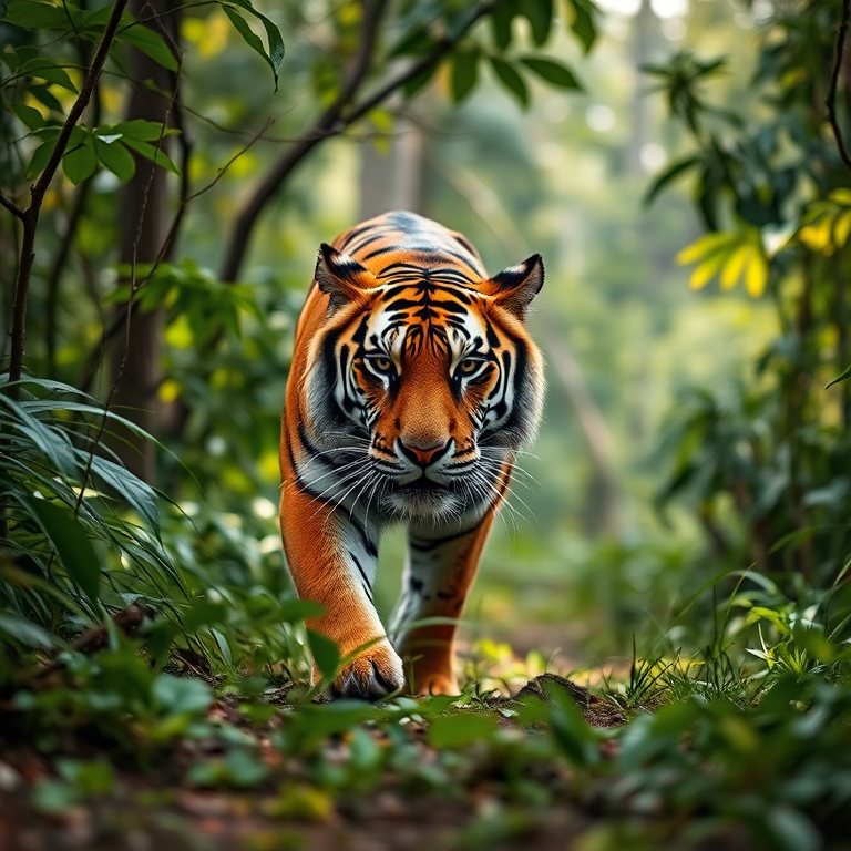 tiger walking in a lush green forest, captured with a Canon EOS R5, 85mm lens, f/2.8 aperture, ISO 200, low angle view, natural lighting, vibrant colors and high detail for enhanced image quality