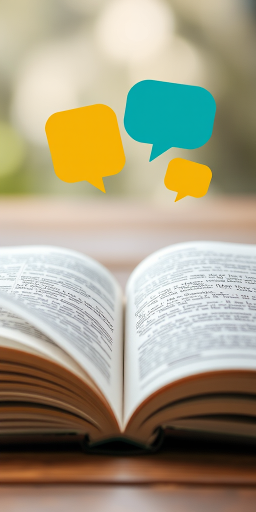 open book with colorful speech bubbles floating above it, shallow depth of field, f/2.8, 50mm lens, daylight, high dynamic range, soft focus background, DSLR camera