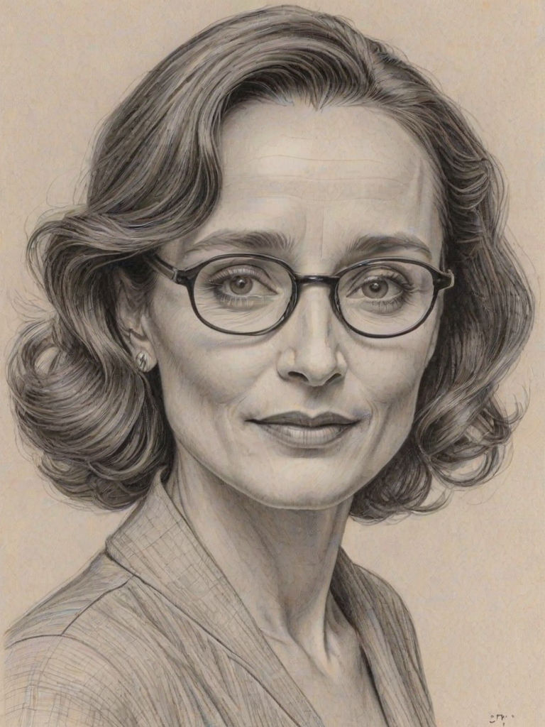 Charming Kristin Scott Thomas, pencil sketch, portrait of Graceful woman 1941s in glasses, hair style beatnik, outline, clear lines, fine lines, 8k