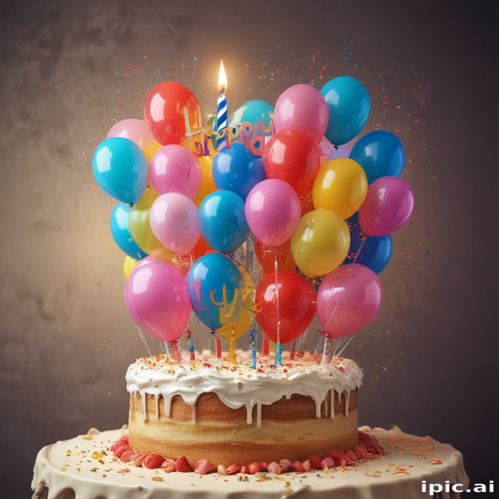 Colorful Birthday Cake Surrounded by Vibrant Balloons and Festive Candles