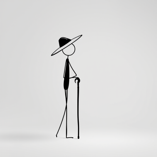 Create a minimalist illustration of a stick figure wearing a large hat and leaning on a cane, captured with a Canon EOS R5 using a 50mm f/1.8 lens, f/2.8 aperture, ISO 100, in a soft light studio setting, emphasizing clean lines and high contrast.
