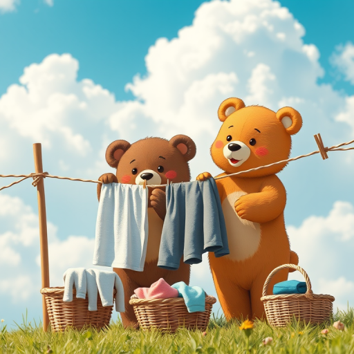 A cute scene of two cartoon bears hanging laundry on a clothesline with a basket of clothes nearby, bright blue sky with fluffy clouds, soft focus, DSLR camera, 50mm lens, f/2.8 aperture, ISO 100, daylight setting, vibrant colors.