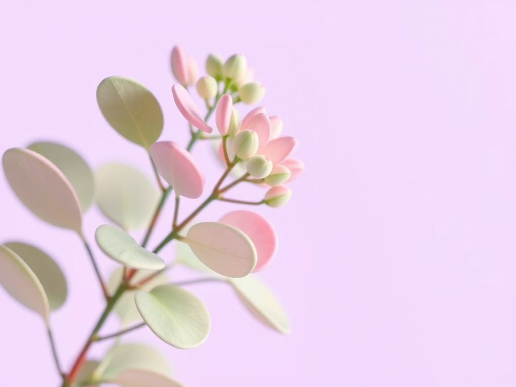 Create an abstract floral illustration with soft pastel colors, showcasing a stylized plant with rounded leaves against a light purple background, captured with a DSLR camera at f/2.8, 1/100 sec, ISO 100, with a shallow depth of field for a soft bokeh effect.