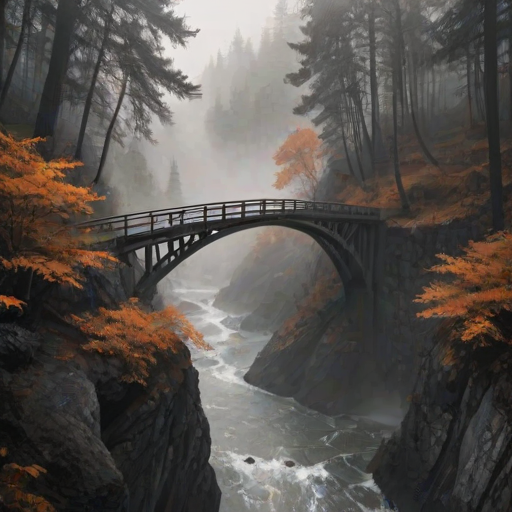 natural lighting, raining, fog, mist, fantasy, bridge focus, CandiBRIDGE, no humans, mountain, water, river, forest, bridge, tall trees, leaf, from above, negative space, scenery, intricately detailed illustration, depth of field, atmospheric perspective, realistic shading, orange theme, monochrome, selective coloring