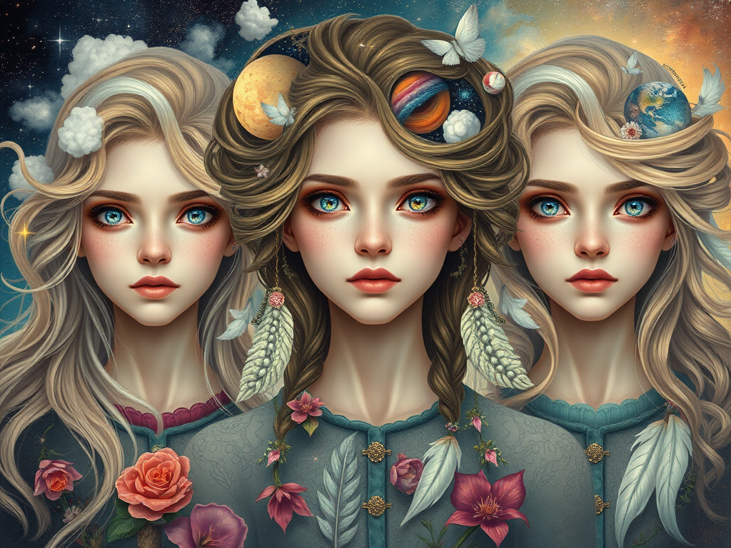 Create a series of imaginative portraits where each subject is infused with elements of fantasy and nature. The hair of the individuals should flow like clouds, varying from soft, fluffy cumulus to wispy cirrus strands, with hints of color reflecting a sunset or a clear blue sky. The eyes should be windows to entire galaxies, with stars, nebulae, and distant planets visible within them. Clothing should be adorned with nature motifs, such as floral patterns that bloom and change, vines that seem to grow and wrap around, or feathers that shimmer with iridescence. Each portrait should capture a unique personality, blending human features with the ethereal beauty of the natural and cosmic world. The backgrounds can vary, from starry night skies to enchanted forests, adding depth and context to the magical realism of the portraits
