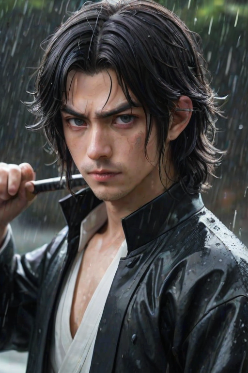 solo, long hair, looking at viewer, bangs, blue eyes, black hair, long sleeves, 1boy, hair between eyes, closed mouth, jacket, upper body, weapon, male focus, japanese clothes, sword, signature, water, lips, black jacket, wet, katana, messy hair, rain, realistic, wet hair, haori, demon slayer uniform, tomioka giyuu