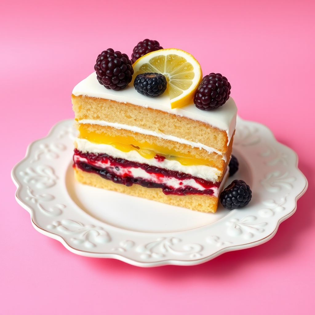 A slice of layered cake with alternating stripes of white cream, yellow filling, and berry jam, garnished with fresh blackberries and a lemon slice, placed on an ornate white plate against a pink background.