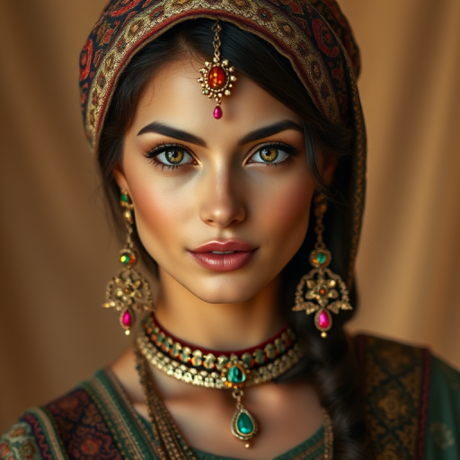 Create a portrait of a beautiful woman with striking hazel eyes and a gentle expression. She is adorned in traditional attire with intricate patterns, including a richly embroidered headscarf and matching garments. Her jewelry includes a delicate headpiece, dangling earrings, and ornate bracelets, all featuring vibrant gemstones and detailed metalwork. The background is soft and warm, enhancing the rich colors of her outfit and jewelry.