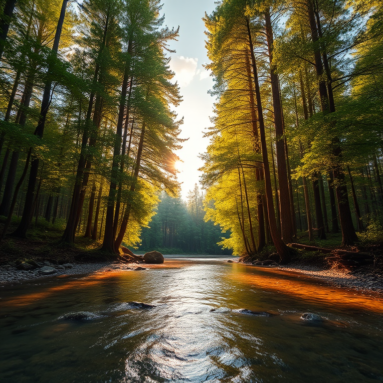 Create an image of a serene, sunlit forest scene with a clear, gently flowing river. Tall trees with lush green foliage line both sides of the river, their leaves bathed in the warm golden light of the setting or rising sun. The sunlight filters through the trees, casting soft, dappled light on the river, which flows over smooth rocks and pebbles, creating a peaceful, natural atmosphere. The sky is bright with a few scattered clouds, and the overall mood is tranquil, evoking a deep sense of connection with nature. The image captures the beauty of a calm, pristine forest landscape at either dawn or dusk.