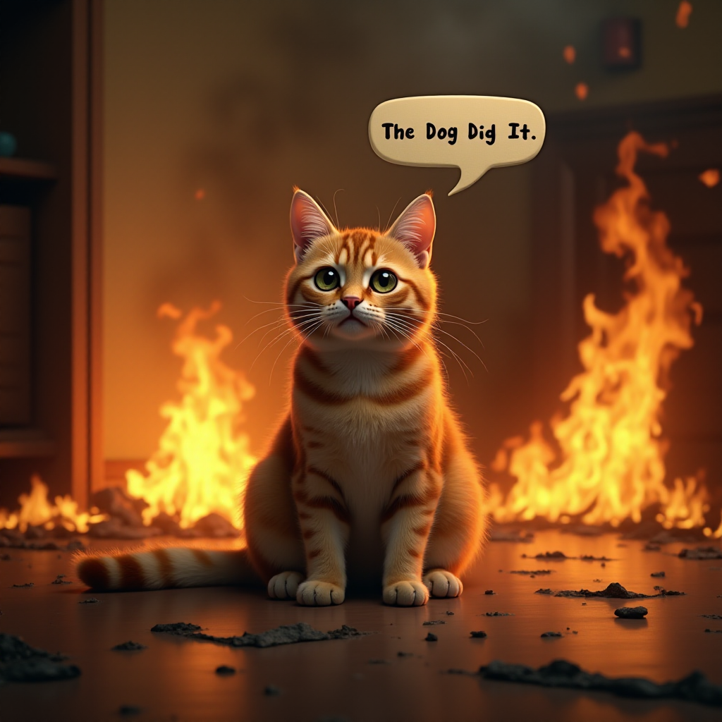 Photorealistic image of an innocent-looking cat sitting calmly in the middle of a burning room. Flames engulf the room, with fire licking up the walls and smoke filling the air. The cat is sitting on the floor, looking directly at the viewer with wide, innocent eyes. Above the cat, a speech bubble says "The Dog Did It". The contrast between the cat's calm demeanor and the chaos around it creates a humorous and surreal scene.