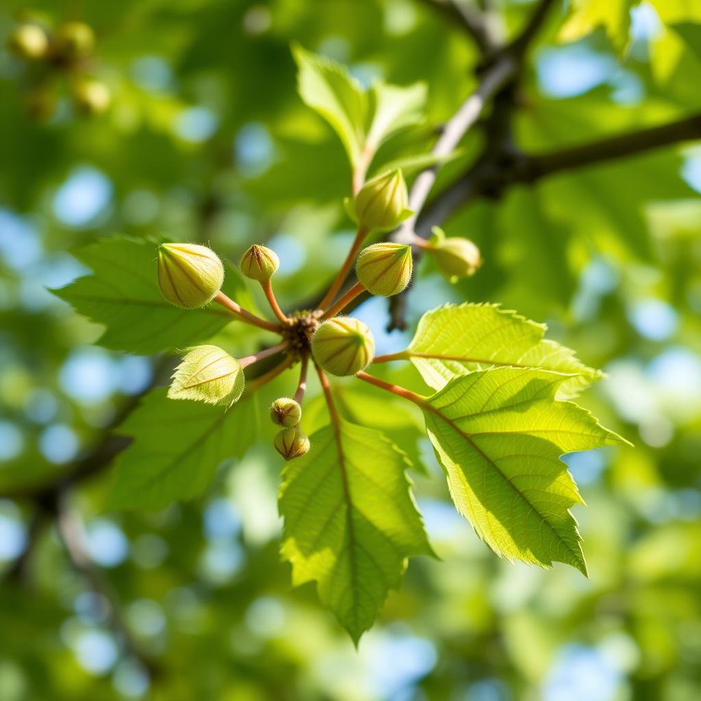 macro shot of a horse chestnut tree branch with lush green leaves and developing buds, natural daylight, f/3.5 aperture, ISO 100, 100mm lens, taken at a low angle to emphasize depth, high-resolution digital camera