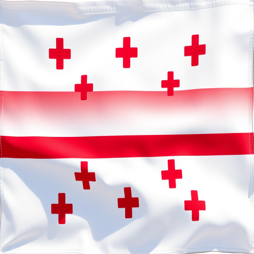Create a high-resolution image of the flag of Georgia with a crisp white background and vibrant red crosses, captured using a DSLR camera with a 50mm lens, aperture set to f/8, ISO 100, and in natural daylight to enhance clarity and detail.