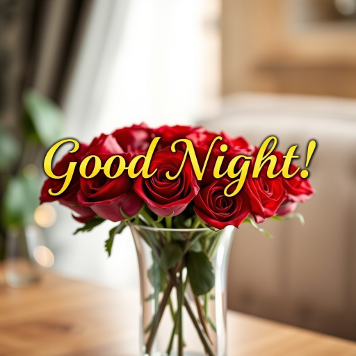 Create an image with the text "Good Night!" in golden Garamond font, placed atop a delicate vase filled with vibrant red roses, with soft focus and warm lighting effects.
