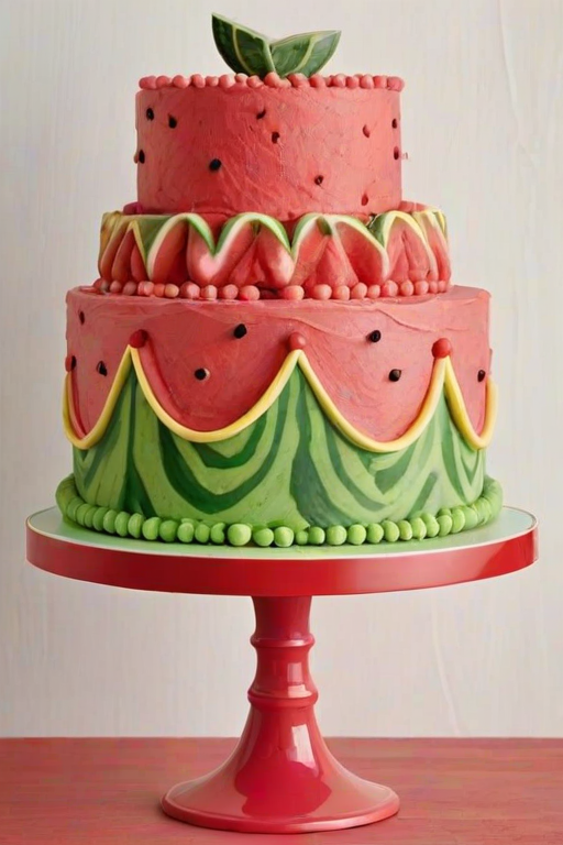Create a visually appealing cake designed to resemble a watermelon, featuring layers of red, pink, yellow, and green frosting. Add small dark chocolate drops to mimic watermelon seeds and place the cake on a decorative white cake stand with a ribbon around the base. Ensure the background is simple and clean to highlight the cake's vibrant colors.