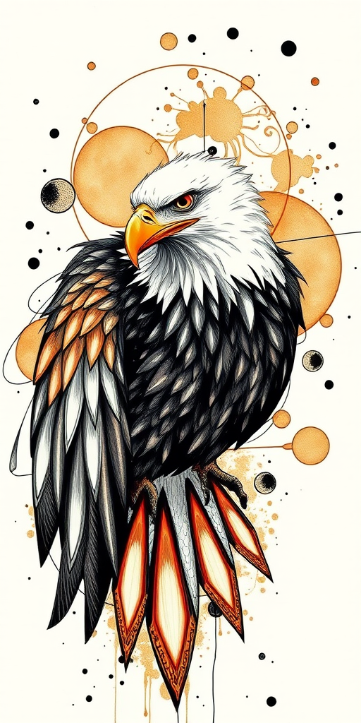 Create a high-resolution abstract illustration of an eagle with flowing ink lines and circular forms, using a DSLR camera with a 50mm lens, f/1.8 aperture, ISO 100, 1/250 sec shutter speed, top-down view for enhanced detail and sharpness.