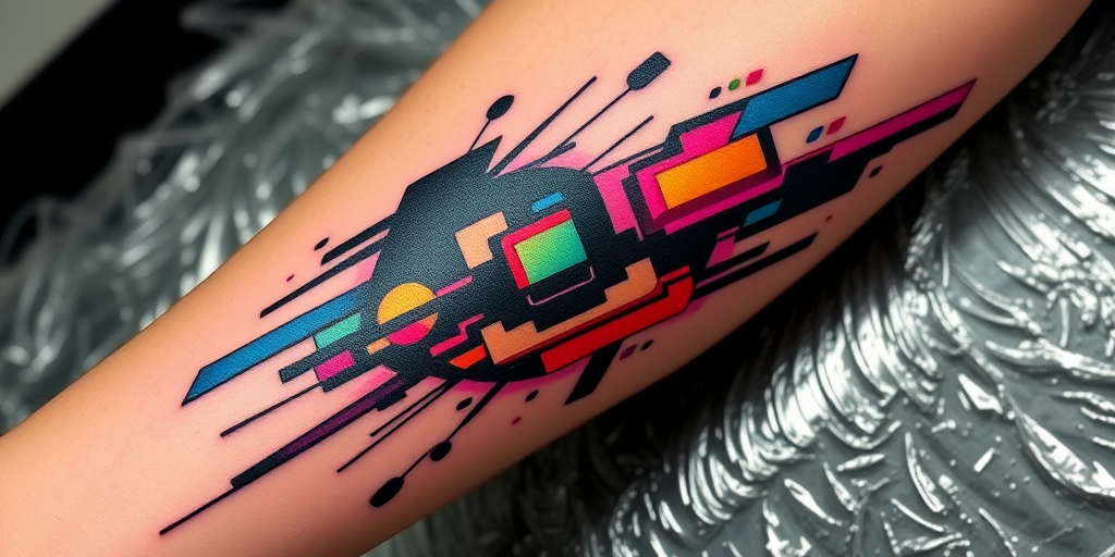 Glitch art inspired tattoo, "Digital Distortion," combining pixelated elements, color shifts, and fragmented imagery to create a unique design that appears to be glitching or corrupted, perfect for tech enthusiasts or as a statement piece on the forearm or leg