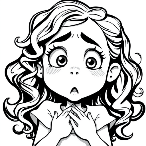 The image is a black and white illustration of a young girl with curly hair. She has a surprised expression on her face with her mouth open and her hands clasped together in front of her chest. Her eyes are wide and her eyebrows are furrowed. Her hair is styled in loose curls that are cascading down her back. The overall mood of the image is one of shock or surprise.