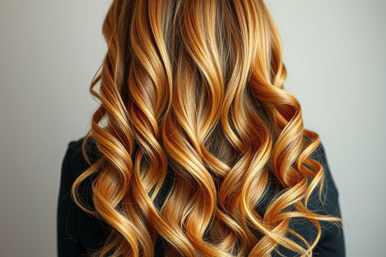 Serene image captures Honey Amber long hair, warm golden blonde base with caramel and light brown highlights, styled in loose barrel curls cascading down the back