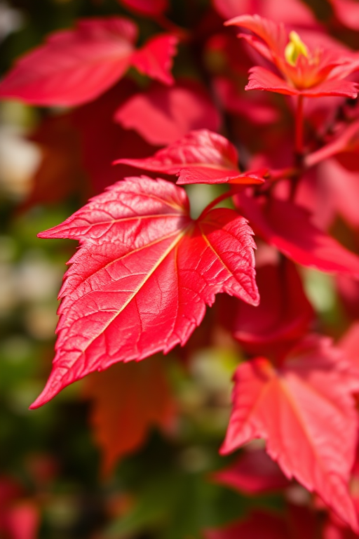 Close-up shot of vibrant red leaves on a vine, shallow depth of field, f/2.8 aperture, 50mm lens, natural lighting, DSLR camera, ISO 100, focused on leaf texture.