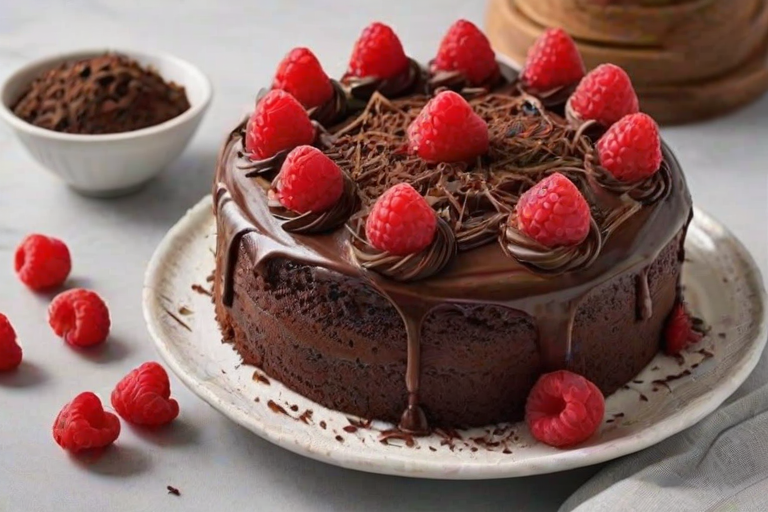 Create an image of a round chocolate cake topped with fresh raspberries and chocolate shavings. The cake should have a smooth chocolate frosting and a slice should be cut out, placed on a small plate next to the whole cake. The setting should have a marble countertop and a few utensils nearby. Ensure the colors are rich and inviting, emphasizing the texture and details of the cake and toppings.
