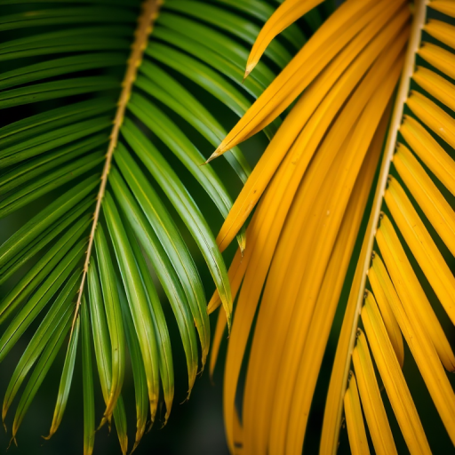 Create a detailed, high-resolution image of two distinct palm leaves, one vibrant green and the other a muted golden yellow, with a soft-focus background to enhance depth, captured with a DSLR camera at f/2.8 aperture, ISO 100, and a 50mm lens, using a macro photography style for intricate details.