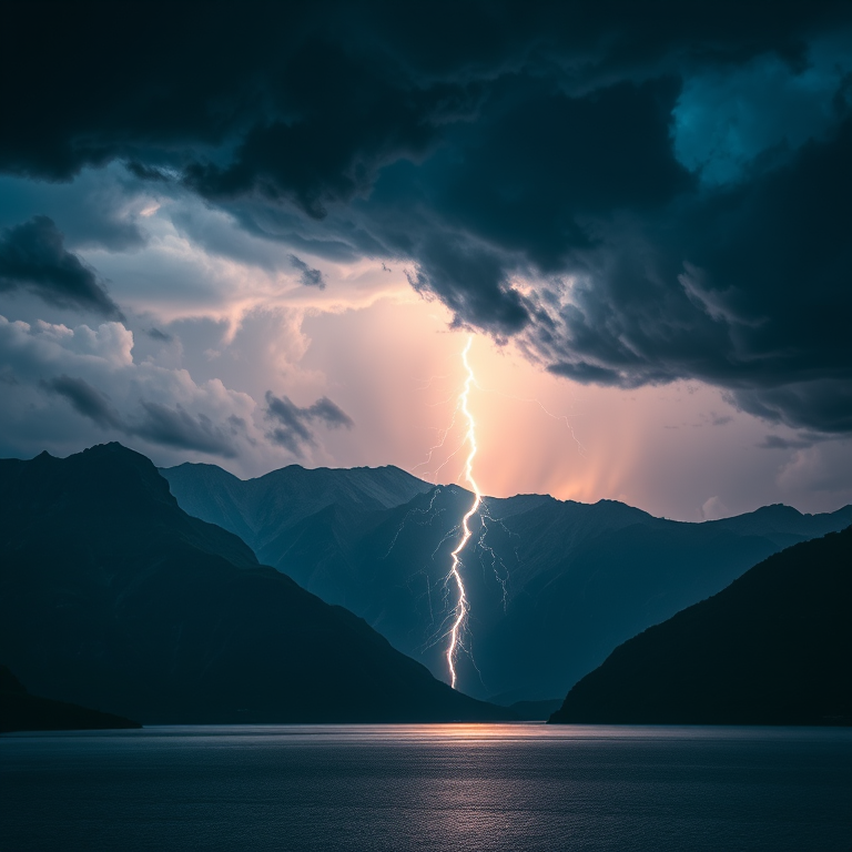 Create a digital artwork of a dramatic storm scene over a mountainous landscape at twilight, featuring dark, swirling clouds and a central lightning bolt striking down over a reflective body of water, using a Canon EOS R5 with a 24-70mm f/2.8 lens, aperture set to f/8, ISO 100, and a 1/125s shutter speed for sharp details and vibrant colors, with a cinematic angle to emphasize depth and drama.