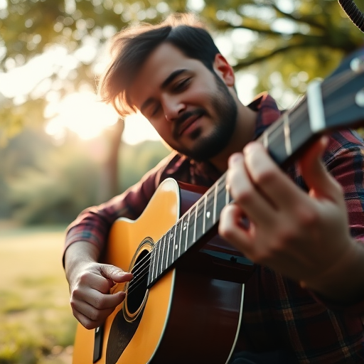 Capture a close-up of a male musician passionately playing acoustic guitar in a serene outdoor setting, with soft natural light; camera settings: ISO 100, aperture f/2.8, shutter speed 1/200s; camera view: eye level, focus on the musician's face and guitar; camera style: cinematic; camera type: DSLR.