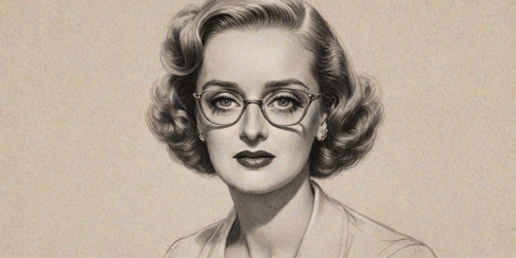 Fascinating Bette Davis, pencil sketch, portrait of Pleasing woman 1936s in glasses, hair style beatnik, outline, clear lines, fine lines, 8k