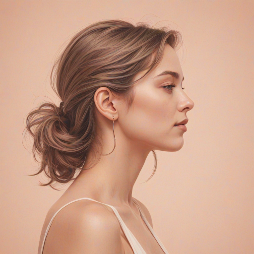 Create a minimalist line art illustration of a woman in profile against a solid pastel background, using a Canon EOS R5 with a 50mm f/1.2 lens, aperture set to f/2.8, ISO 100, and a soft focus effect for smooth skin tones and gentle color gradients.