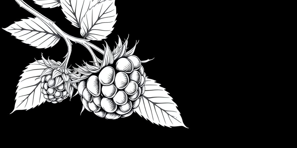 black background botanical illustration of raspberry branch with detailed white line art, macro shot, f/2.8 aperture, ISO 100, 50mm lens, soft focus style, DSLR camera
