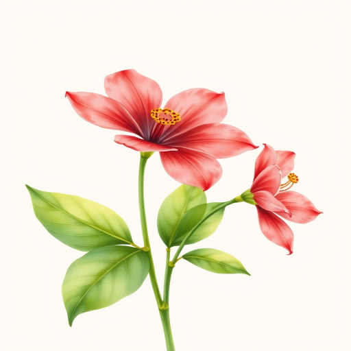 Create a detailed watercolor illustration of two red flowers with green leaves on a soft beige background, taken with a Canon EOS 5D Mark IV, 50mm lens, f/2.8 aperture, ISO 100, using a soft focus style for a delicate and serene effect.