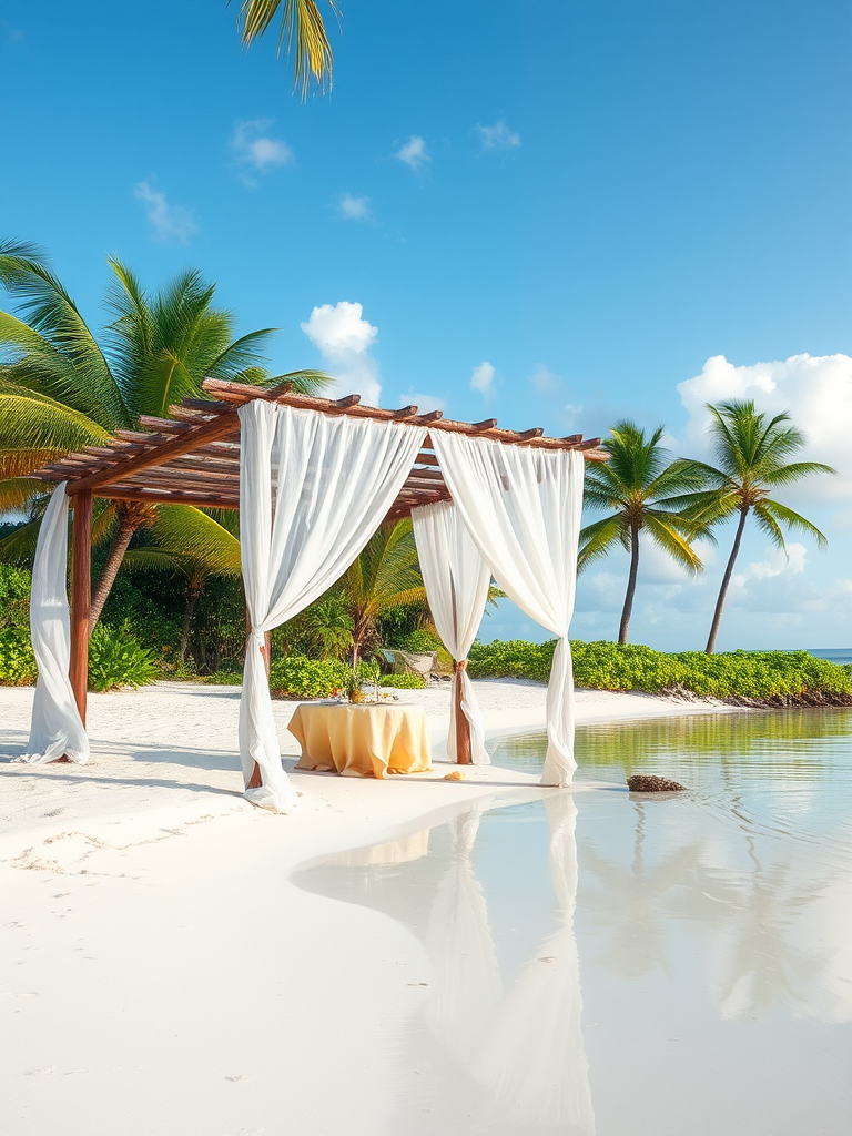 Create a picturesque tropical beach scene featuring a serene, white sandy shore. In the foreground, there's a rustic wooden canopy with white drapes gently flowing in the breeze. Underneath the canopy, a table is set with tropical decor, evoking a sense of relaxation and leisure. The beach extends into a calm, shallow water area with reflections of the sky and surroundings. Palm trees and lush greenery line the edge of the beach, providing a natural, tropical backdrop. The sky is clear with a few scattered clouds, and the overall atmosphere is tranquil and inviting, perfect for a peaceful retreat.