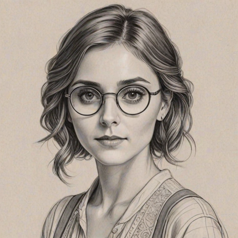 Stunning Alyson Stoner, pencil sketch, portrait of Enchanting woman 1920s in glasses, hair style beatnik, outline, clear lines, fine lines, 8k