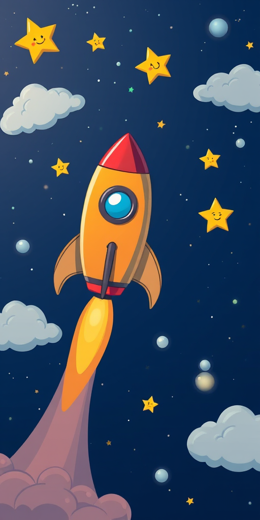 A colorful cartoon rocket ascending through a starry night sky with smiling stars and fluffy clouds, shot with a Canon EOS 5D Mark IV, 50mm lens, f/2.8 aperture, ISO 100, and a soft-focus style for a vibrant and playful effect.