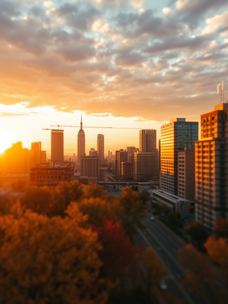 Regenerate the image of a sunset cityscape with autumn foliage, using a Canon EOS R5 with a 24-70mm f/2.8 lens, aperture set to f/8, ISO 100, capturing in golden hour lighting, with a slight tilt-shift effect for depth.