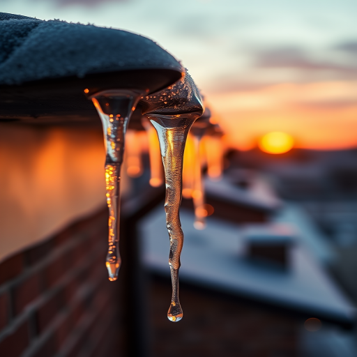 Regenerate an image of icicles melting off a roof edge at sunset with a shallow depth of field, focus on the dripping water, use a Canon EOS R5, 50mm lens, f/1.8 aperture, ISO 100, shutter speed 1/200s, natural lighting.